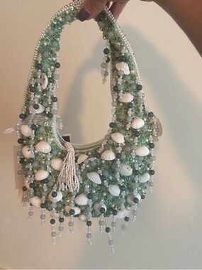 Handcrafted Sea Shell Beaded Statement Necklace Bag - White & Seafoam Green